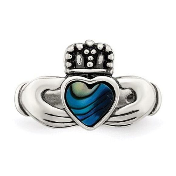 Sterling Silver Antiqued Abalone Inlay and Black Enamel Claddagh Ring - Picture 5 of 7